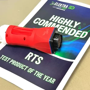 An award certificate with the words Elektra 2022 Highly Commended for RTS in the Test Product of the Year category. The certificate is placed on a table with a red RTS component on top of it.